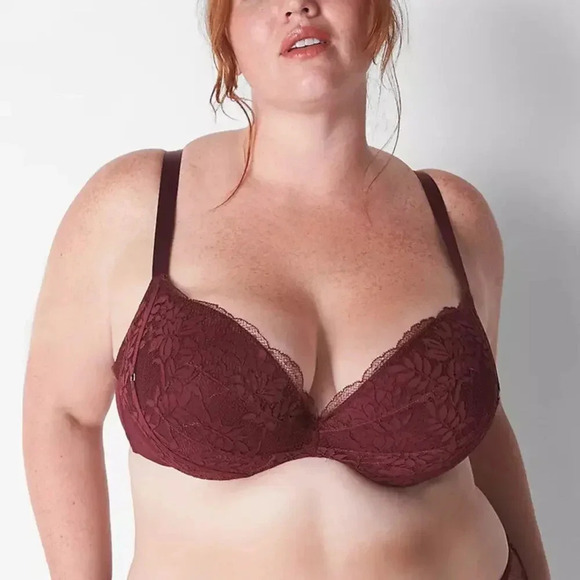 Cacique Lace Strappy Max Boost Plunge Bra Maroon Size 40DDD NWT - Picture 1 of 11